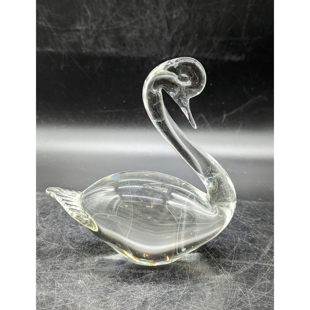 Vintage Swedish Clear Art Glass Swan Figurine Paperweight 5.5"‎ Handmade Sweden